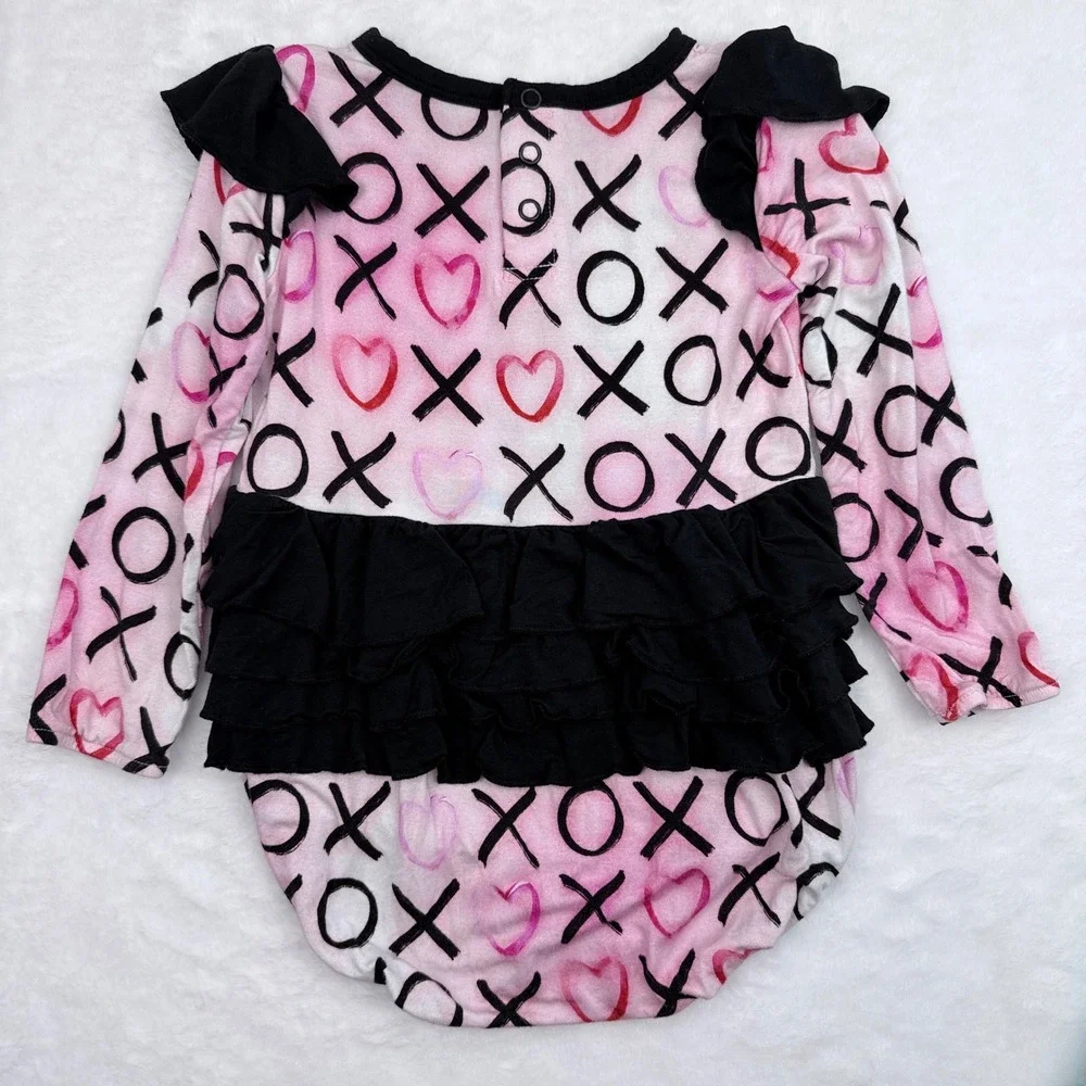 Birdie Bean Bubble Romper Baby Girl 18-24M Pink Black XOXO Hearts Bamboo Ruffle